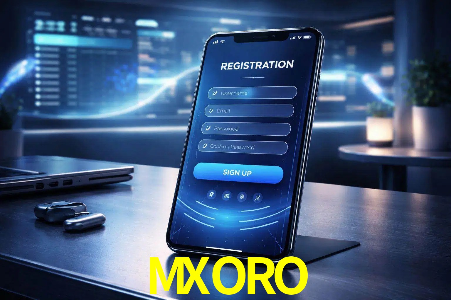 Una interfaz moderna de registro móvil para MXORO mostrada en un smartphone con un panel de apuestas elegante.